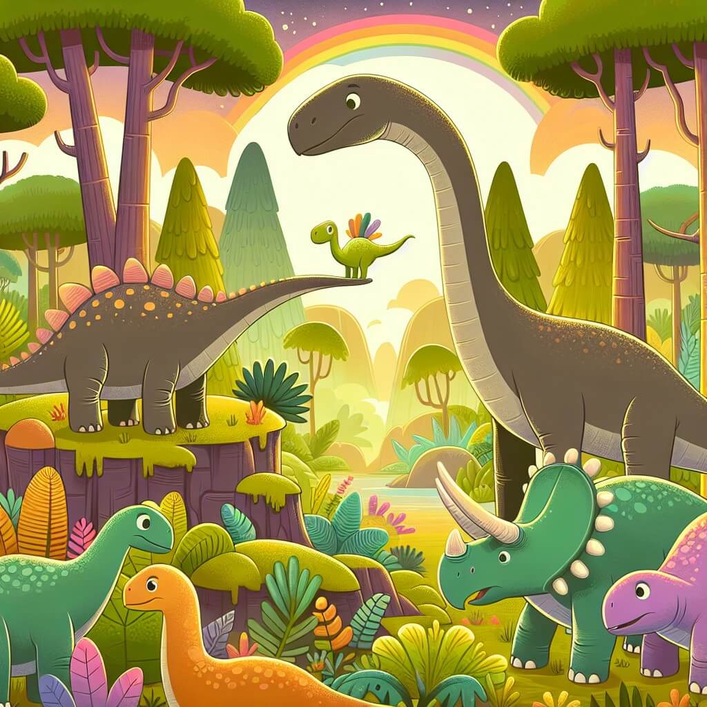 Une illustration destinée aux enfants représentant un majestueux diplodocus dans un ancien et luxuriant bosquet, accompagné de ses amis dinosaures, partant à l'aventure pour aider un petit triceratops perdu à retrouver son chemin dans un monde préhistorique coloré et plein de mystères.
