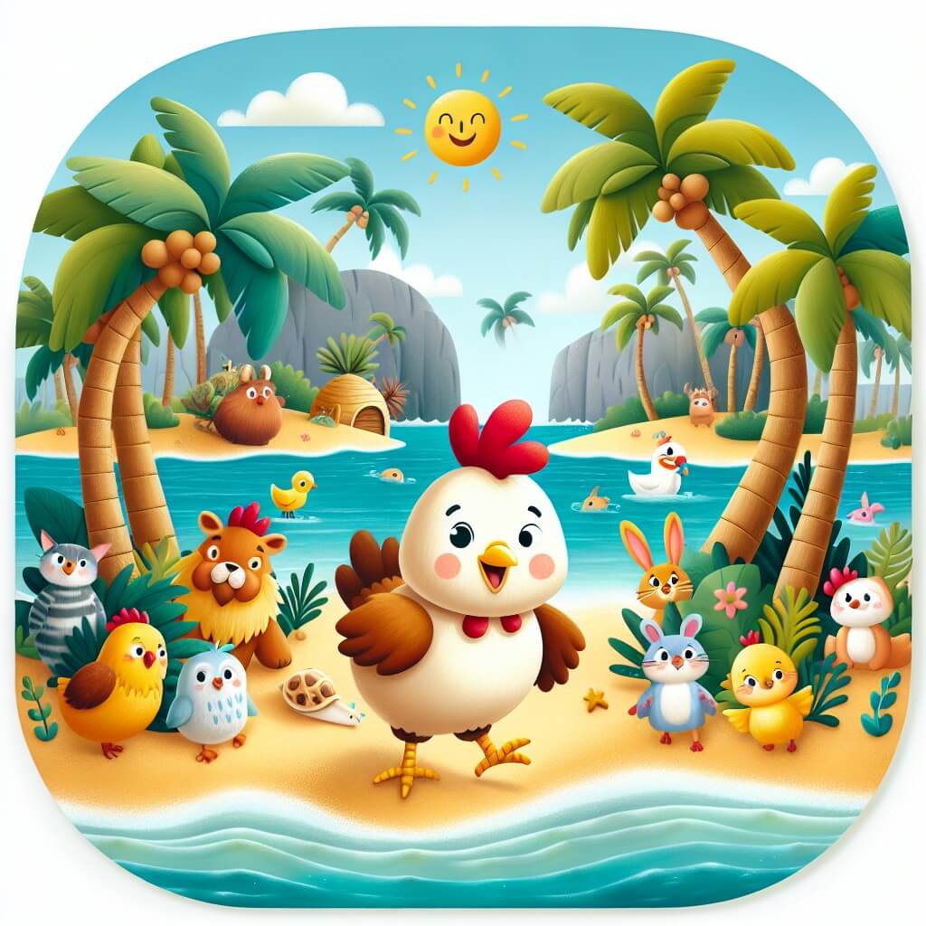Une illustration destinée aux enfants représentant une poule joyeuse et curieuse qui se lance dans une grande aventure avec ses amis animaux, à la recherche d'un trésor caché sur une île tropicale remplie de palmiers, de sable doré et d'eaux cristallines.
