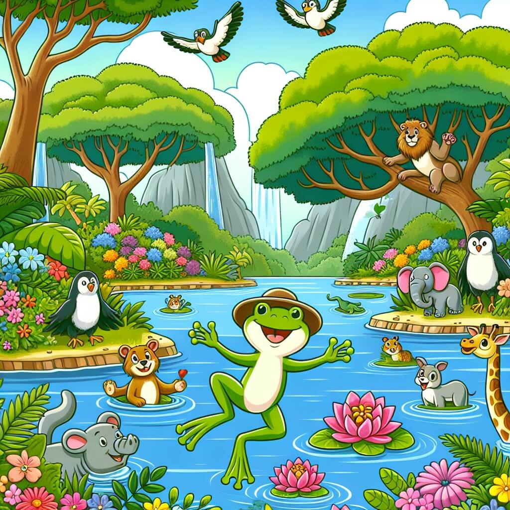 Une illustration destinée aux enfants représentant une grenouille aventurière, entourée d'animaux rigolos, dans un magnifique lagon bordé de fleurs colorées et d'arbres majestueux.