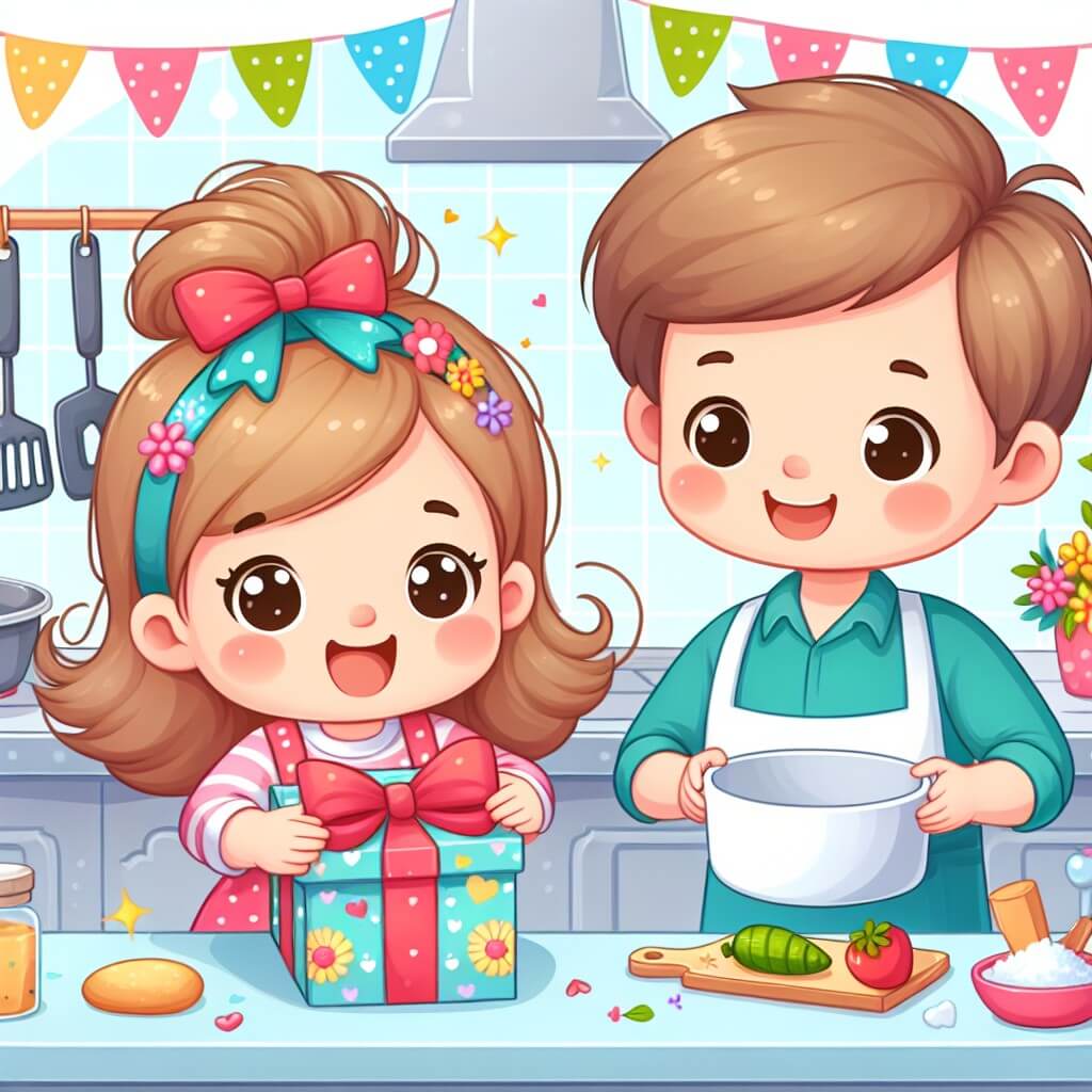 Une illustration destinée aux enfants représentant une petite fille pleine d'enthousiasme qui prépare un cadeau spécial pour sa maman, avec l'aide de son papa, dans une cuisine lumineuse remplie de couleurs vives et d'ustensiles de cuisson étincelants.