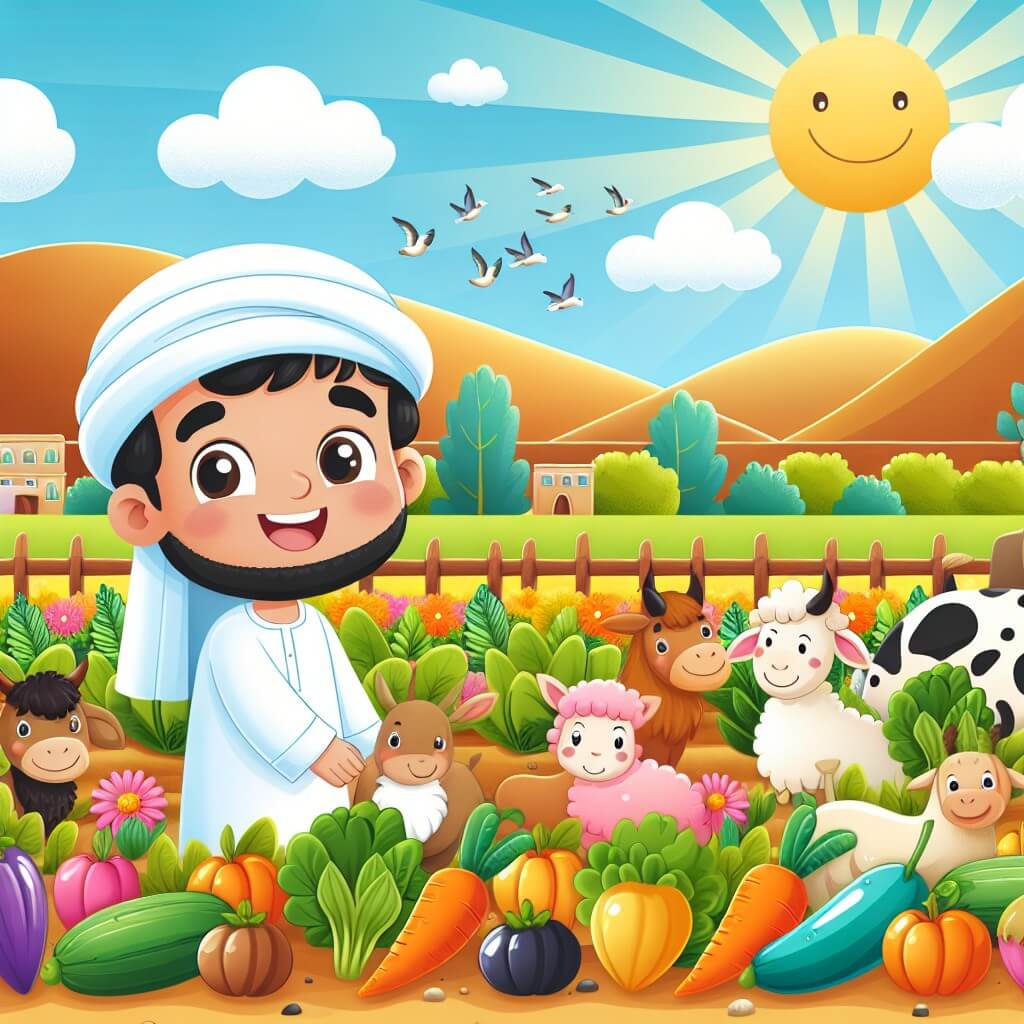 Une illustration destinée aux enfants représentant un homme souriant et bienveillant, entouré de plants de légumes colorés et d'animaux joyeux, dans une magnifique ferme située au milieu d'un paysage vallonné, où les rayons du soleil illuminent chaque recoin.