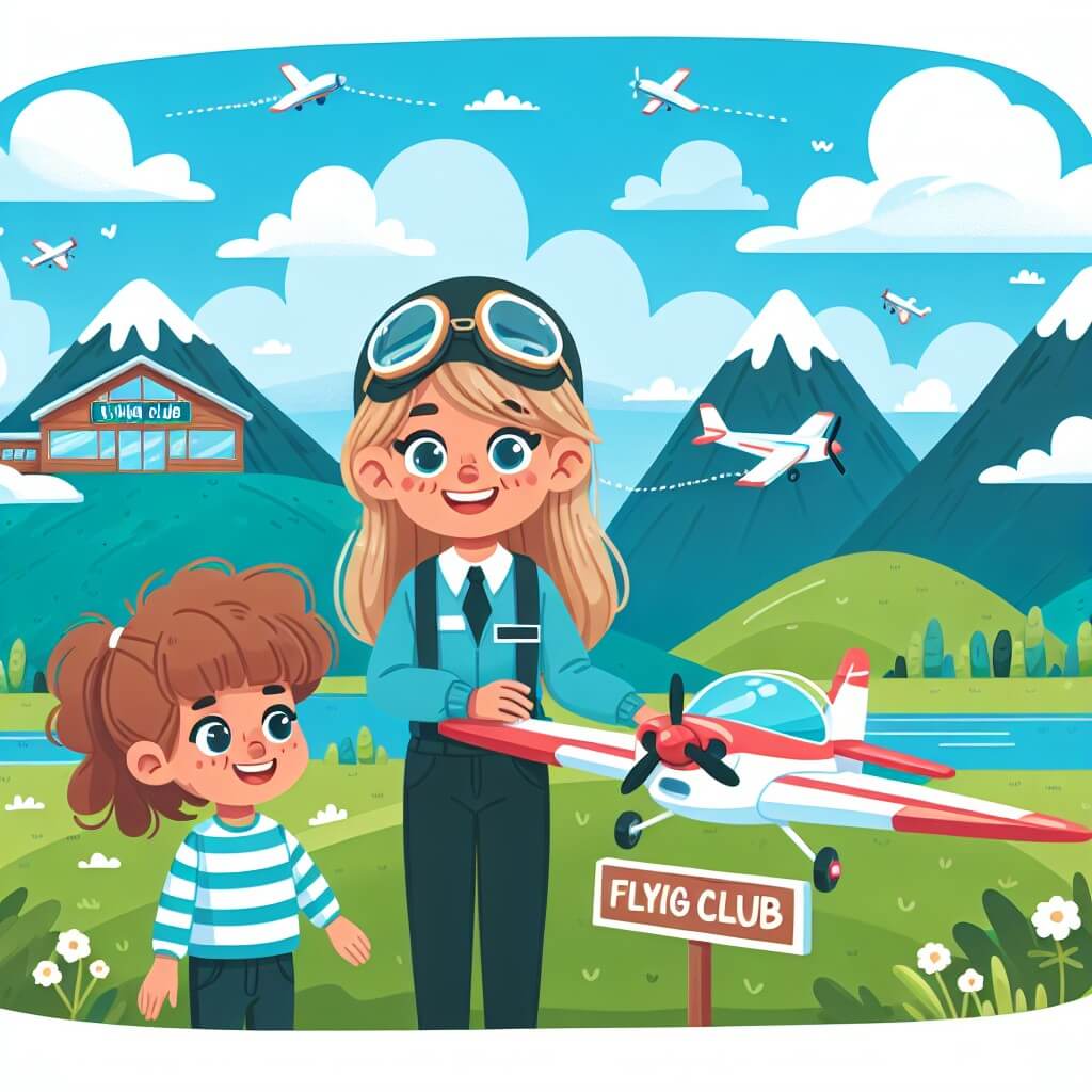 Une illustration destinée aux enfants représentant une jeune femme passionnée par les avions qui réalise son rêve de devenir pilote, accompagnée de son amie, dans un club de vol situé au sommet d'une colline verdoyante, entouré de montagnes majestueuses et sous un ciel bleu parsemé de nuages blancs moelleux.