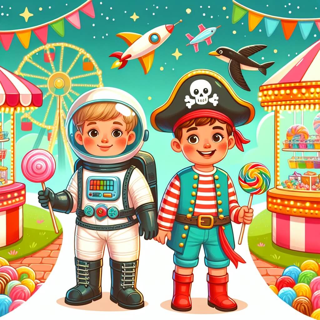 Une illustration destinée aux enfants représentant un petit garçon costumé en astronaute, accompagné de son meilleur ami déguisé en pirate, explorant une fête foraine colorée remplie de manèges et de stands de confiseries.