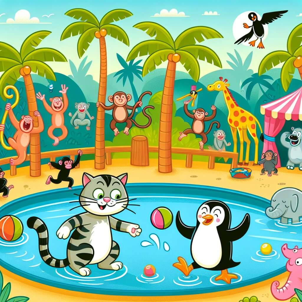 Une illustration destinée aux enfants représentant un chat malicieux qui se retrouve dans une hilarante situation avec un pingouin farceur dans un zoo coloré et animé, rempli de palmiers, de singes qui jonglent et d'hippopotames qui dansent.