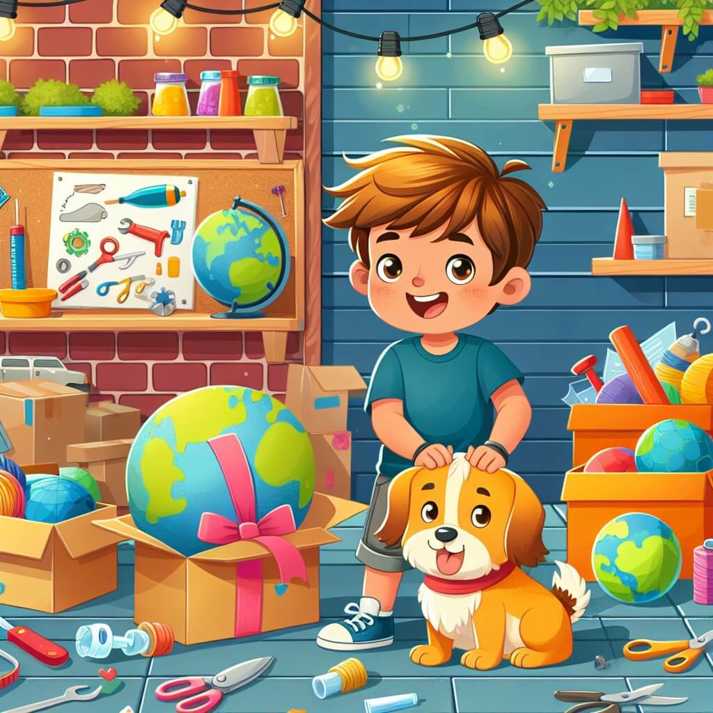 Une illustration destinée aux enfants représentant un petit garçon plein d'enthousiasme et d'imagination, préparant une surprise pour son papa, avec l'aide complice de son chien, dans un garage coloré rempli de cartons, de globes et de matériaux de bricolage.