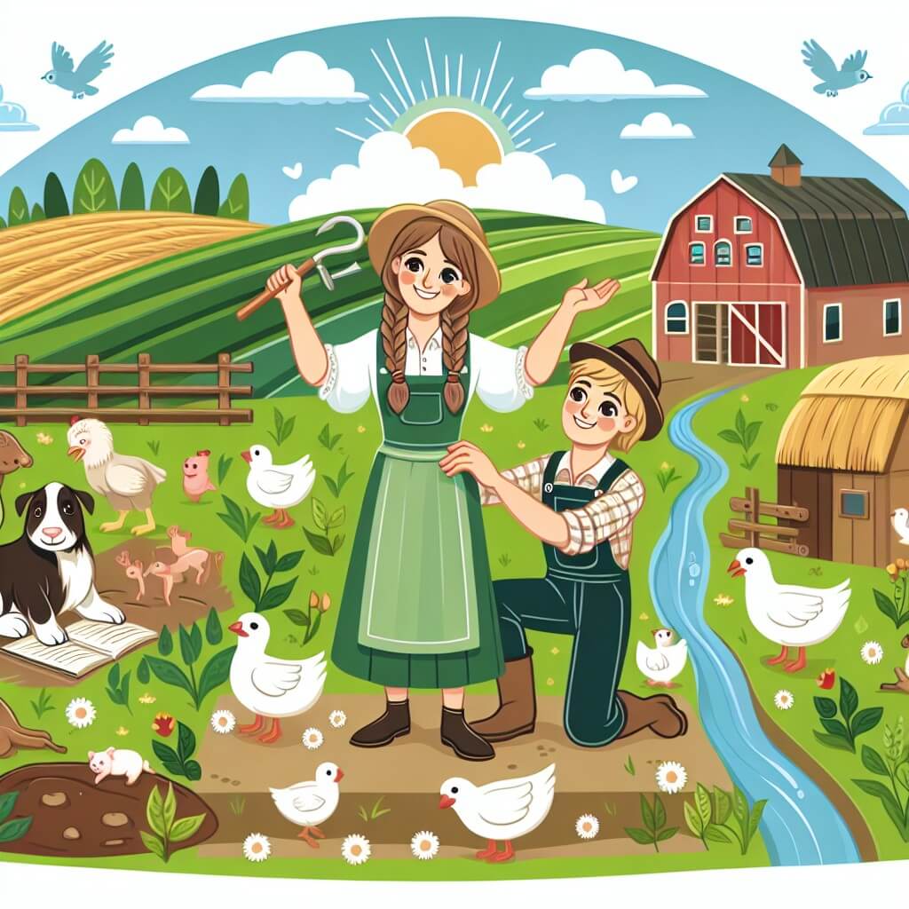 Une illustration destinée aux enfants représentant une femme courageuse et passionnée devenant agricultrice, avec l'aide d'un agriculteur bienveillant, dans une ferme pittoresque entourée de champs verts, d'un petit ruisseau et d'animaux joyeux.