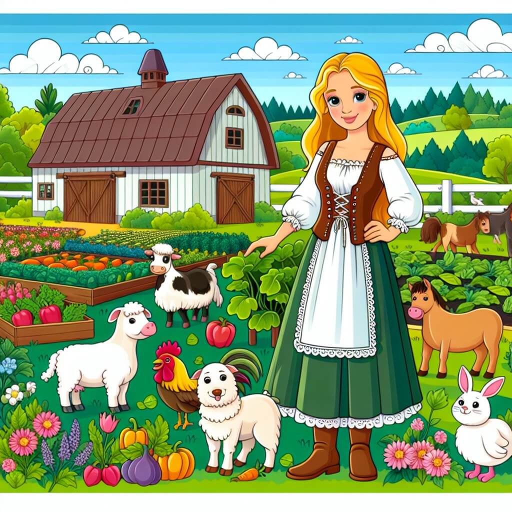 Une illustration destinée aux enfants représentant une femme agricultrice passionnée, entourée de ses animaux de la ferme, dans une magnifique ferme située au milieu d'un champ verdoyant, avec des légumes colorés et des fleurs épanouies.