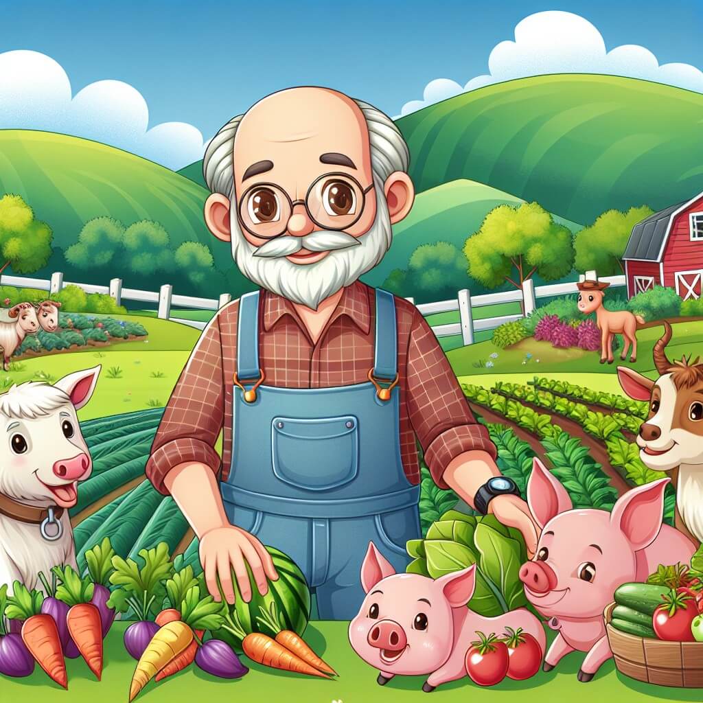 Une illustration destinée aux enfants représentant un homme passionné par l'agriculture, entouré d'animaux joyeux, cultivant des légumes colorés et des fruits juteux dans une ferme pittoresque entourée de collines verdoyantes et d'un ciel bleu azur.