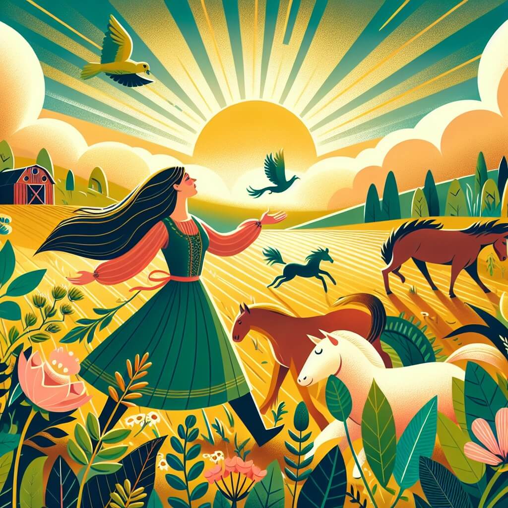 Une illustration destinée aux enfants représentant une femme courageuse et passionnée, entourée de plantes luxuriantes et d'animaux joyeux, dans une ferme enchantée au milieu de vastes champs verdoyants baignés par les rayons dorés du soleil couchant.