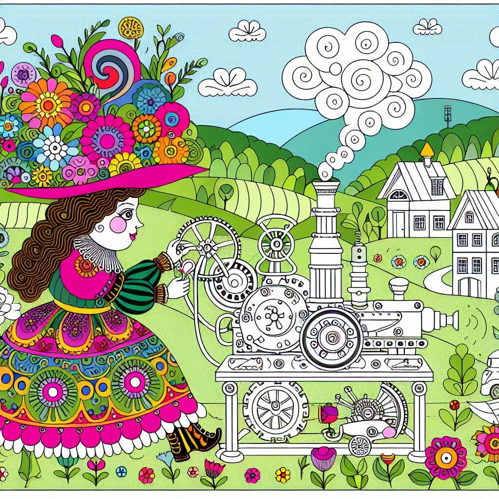Une illustration destinée aux enfants représentant une femme excentrique, vêtue d'un chapeau extravagant et d'une bata colorée, qui invente une machine loufoque dans un petit village entouré de collines verdoyantes et de fleurs multicolores.