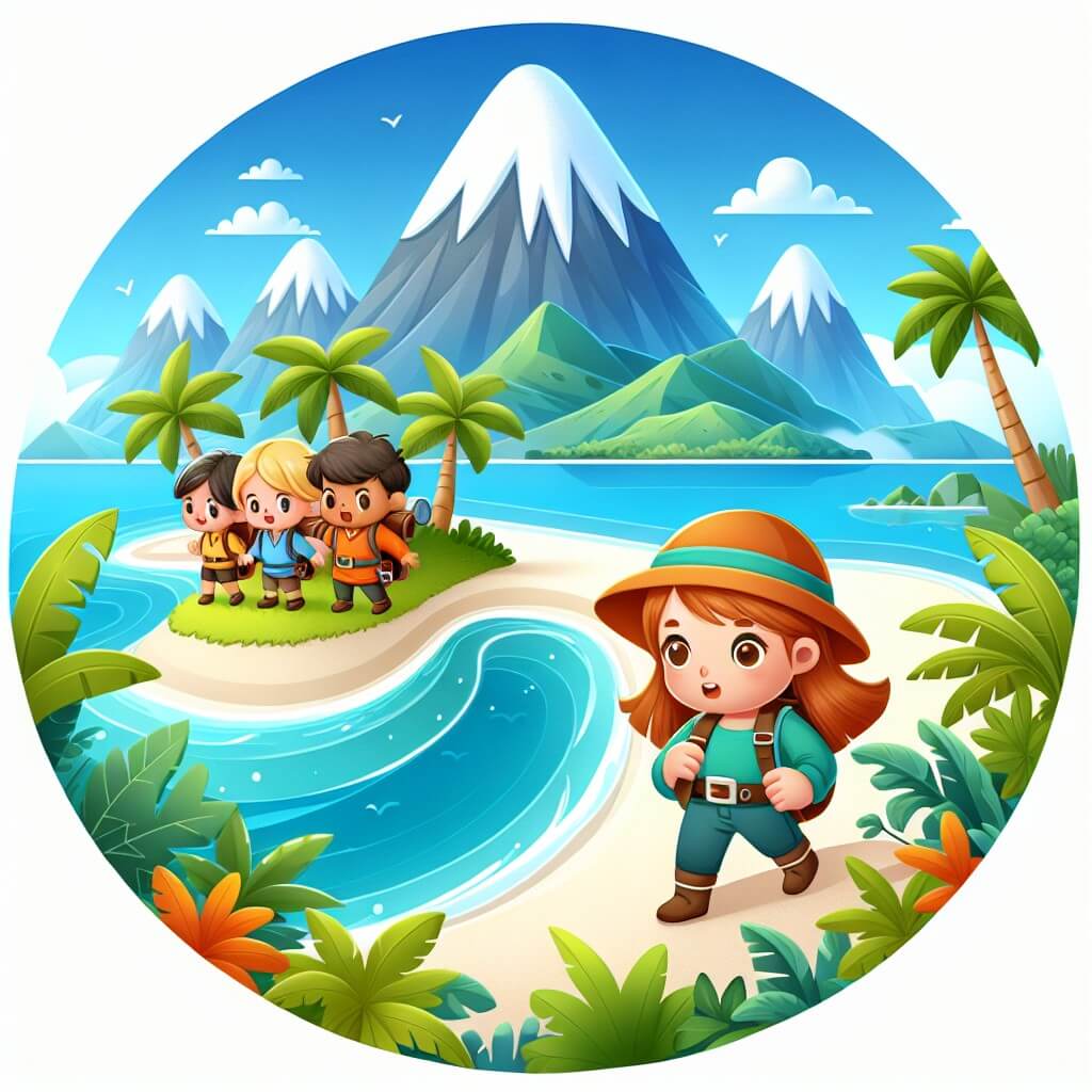 Une illustration destinée aux enfants représentant une petite fille intrépide, accompagnée de ses amis, explorant une île mystérieuse avec des plages de sable blanc, des jungles luxuriantes et des montagnes majestueuses à la recherche d'un trésor perdu.