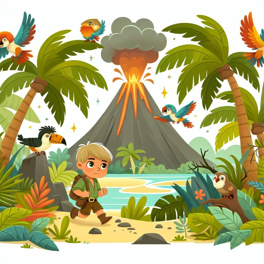 Une illustration destinée aux enfants représentant un petit garçon intrépide, accompagné de ses amis, explorant une île mystérieuse avec des palmiers qui se dressent vers le ciel, des oiseaux tropicaux colorés et un imposant volcan en éruption.