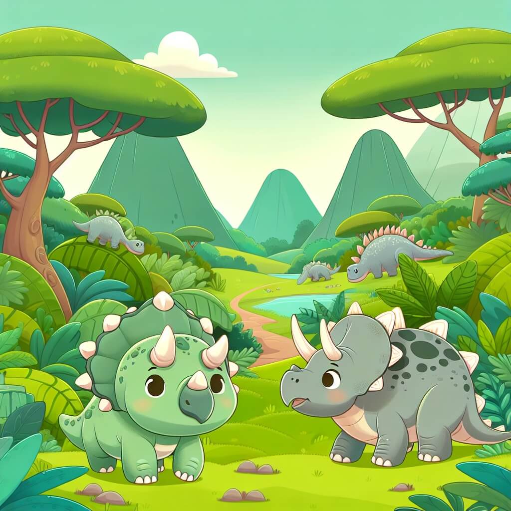 Une illustration destinée aux enfants représentant un adorable tricératops, plein de curiosité, qui part à l'aventure avec son ami stégosaure à la recherche d'un trésor légendaire, dans un magnifique valle verdoyant rempli d'arbres imposants et de plantes luxuriantes.