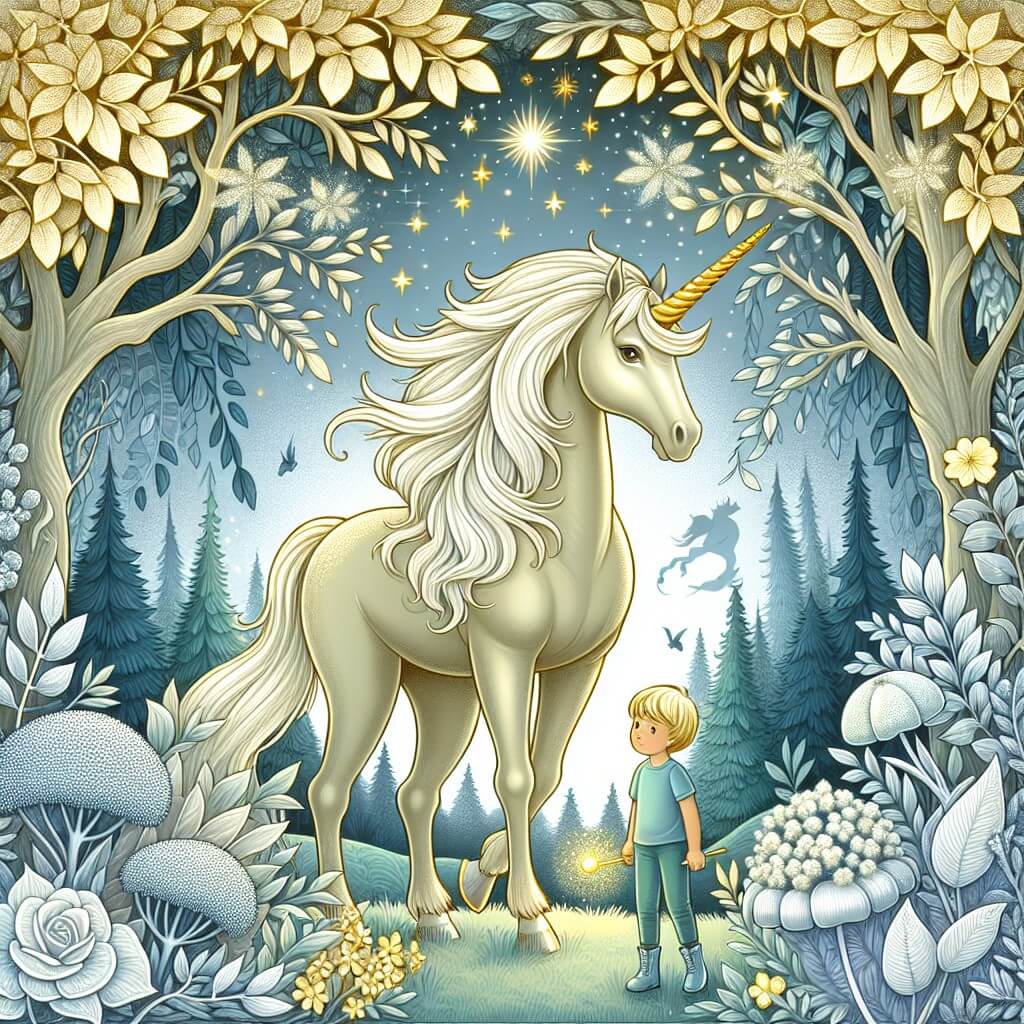 Une illustration destinée aux enfants représentant une majestueuse licorne dorée, se trouvant dans une forêt enchantée remplie de fleurs scintillantes et d'arbres aux feuilles argentées, accompagnée d'un jeune garçon curieux qui découvre le monde des créatures fantastiques.