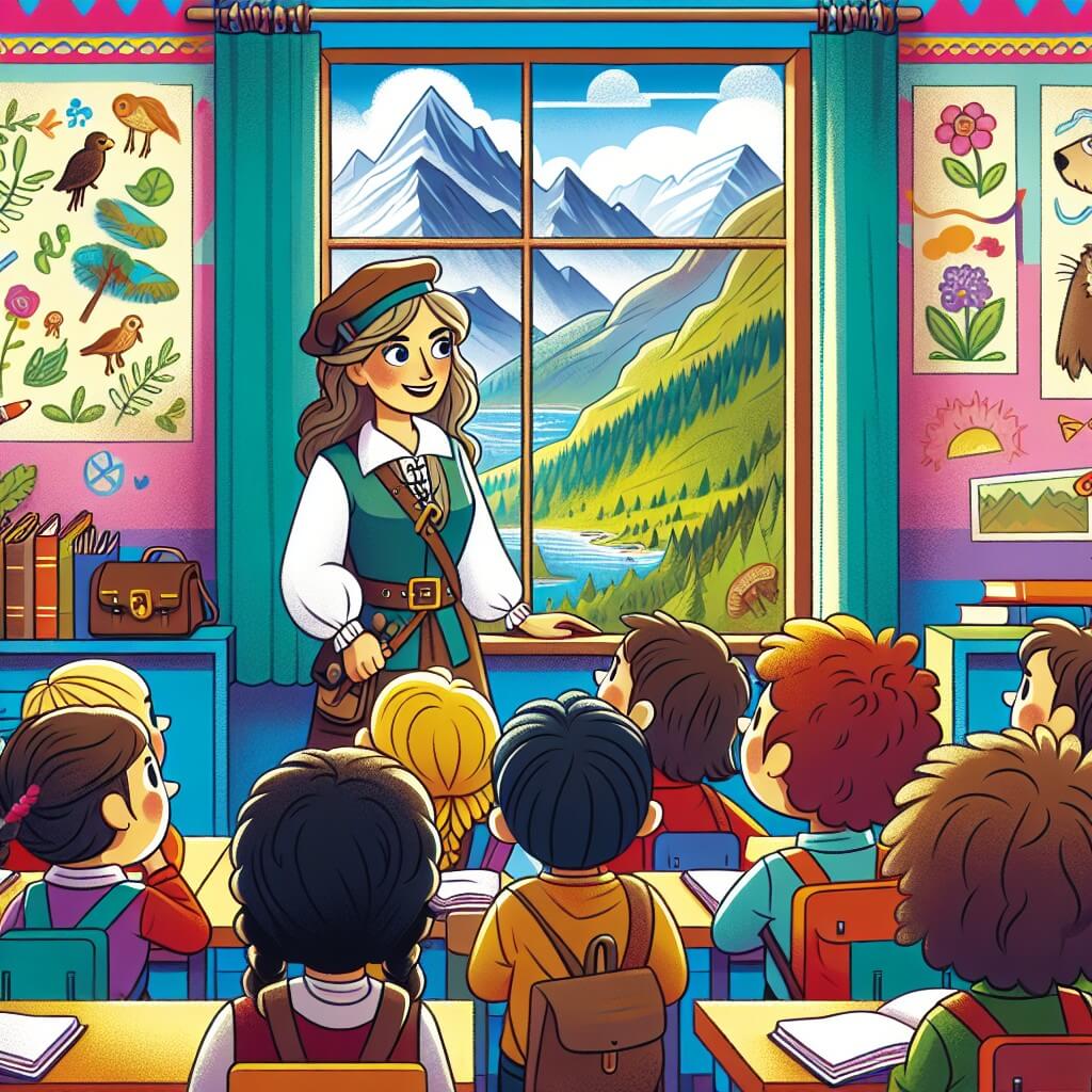 Une illustration destinée aux enfants représentant une institutrice aventurière, entourée d'enfants curieux, dans une salle de classe colorée avec des murs décorés de dessins de plantes et d'animaux, et une fenêtre donnant sur un magnifique paysage de montagnes verdoyantes.