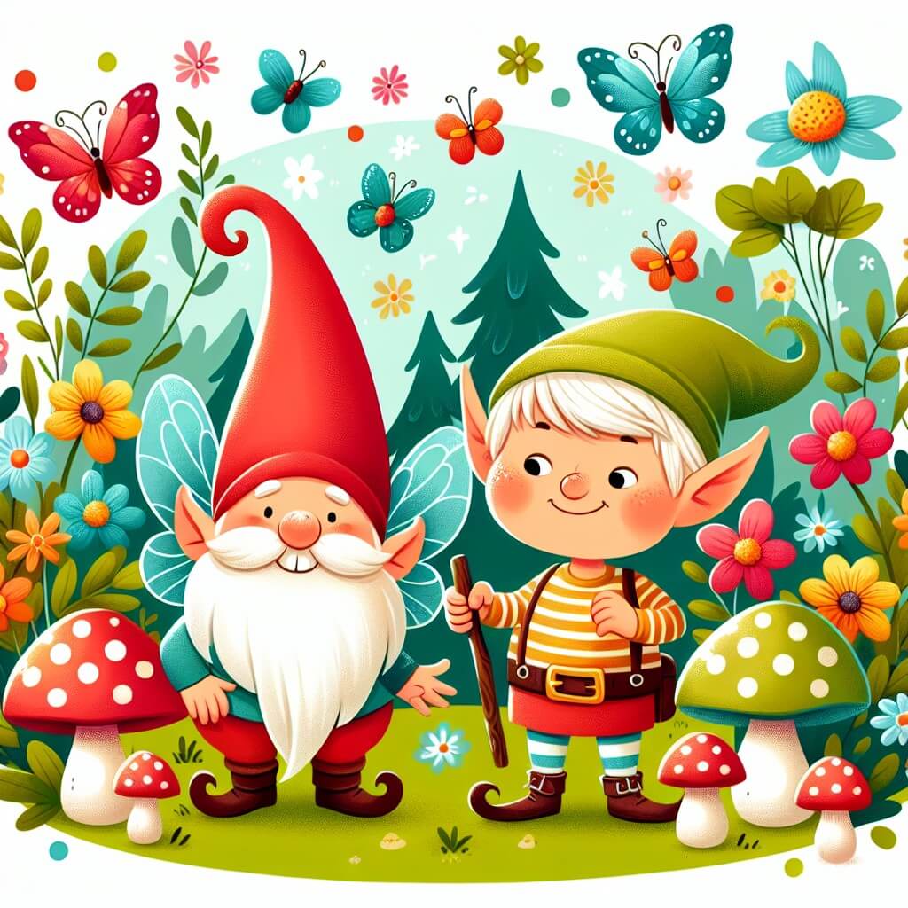 Une illustration destinée aux enfants représentant un elfe farceur, accompagné d'un joyeux lutin, dans une forêt enchantée remplie de fleurs multicolores, papillons virevoltants et champignons rigolos.