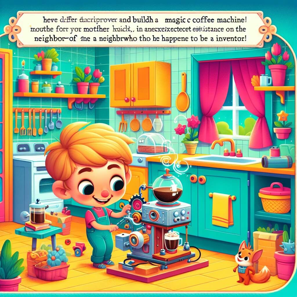 Une illustration destinée aux enfants représentant un petit garçon curieux et aventurier, construisant une machine à café magique pour sa maman, avec l'aide inattendue d'un voisin inventeur, dans une cuisine colorée et animée.