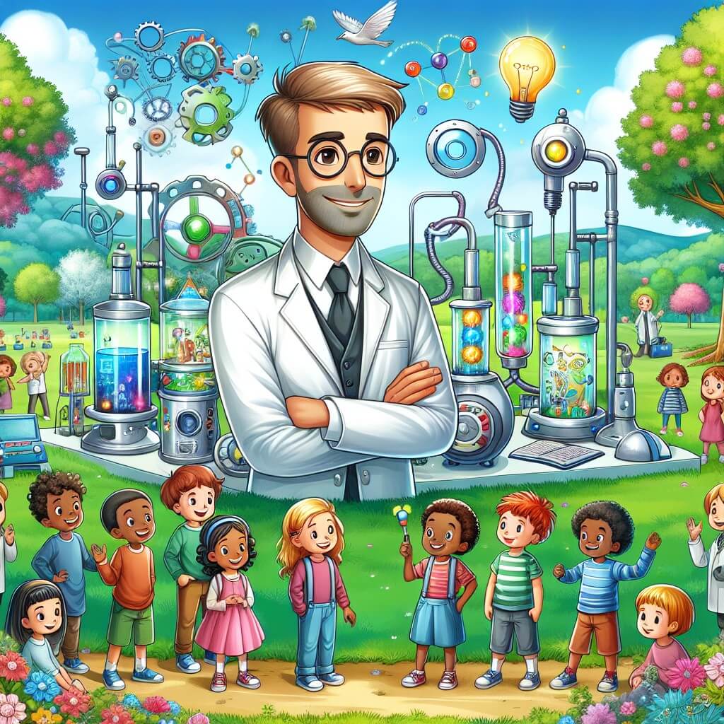 Une illustration destinée aux enfants représentant un homme ingénieux, entouré d'enfants curieux, dans un laboratoire rempli d'inventions colorées et étincelantes, situé dans un parc verdoyant avec des arbres en fleurs et un ciel bleu azur.