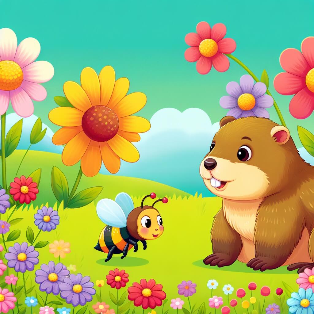 Une illustration destinée aux enfants représentant une marmotte curieuse, qui fait la rencontre d'une abeille travailleuse, dans un magnifique prado rempli de fleurs colorées.