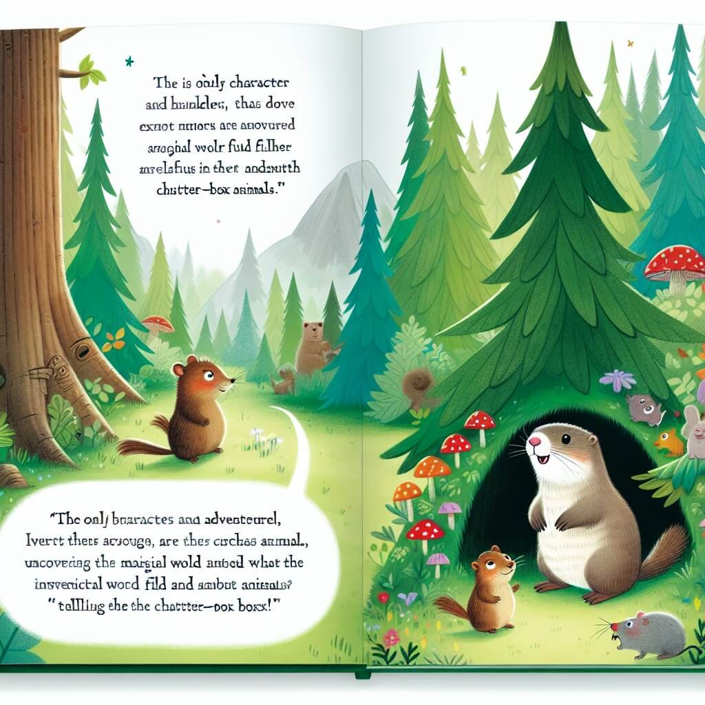Une illustration destinée aux enfants représentant une marmotte curieuse et aventureuse, accompagnée de ses amis, découvrant un monde magique peuplé d'animaux parlants dans un magnifique bosque verdoyant avec des arbres hauts et frondosos.