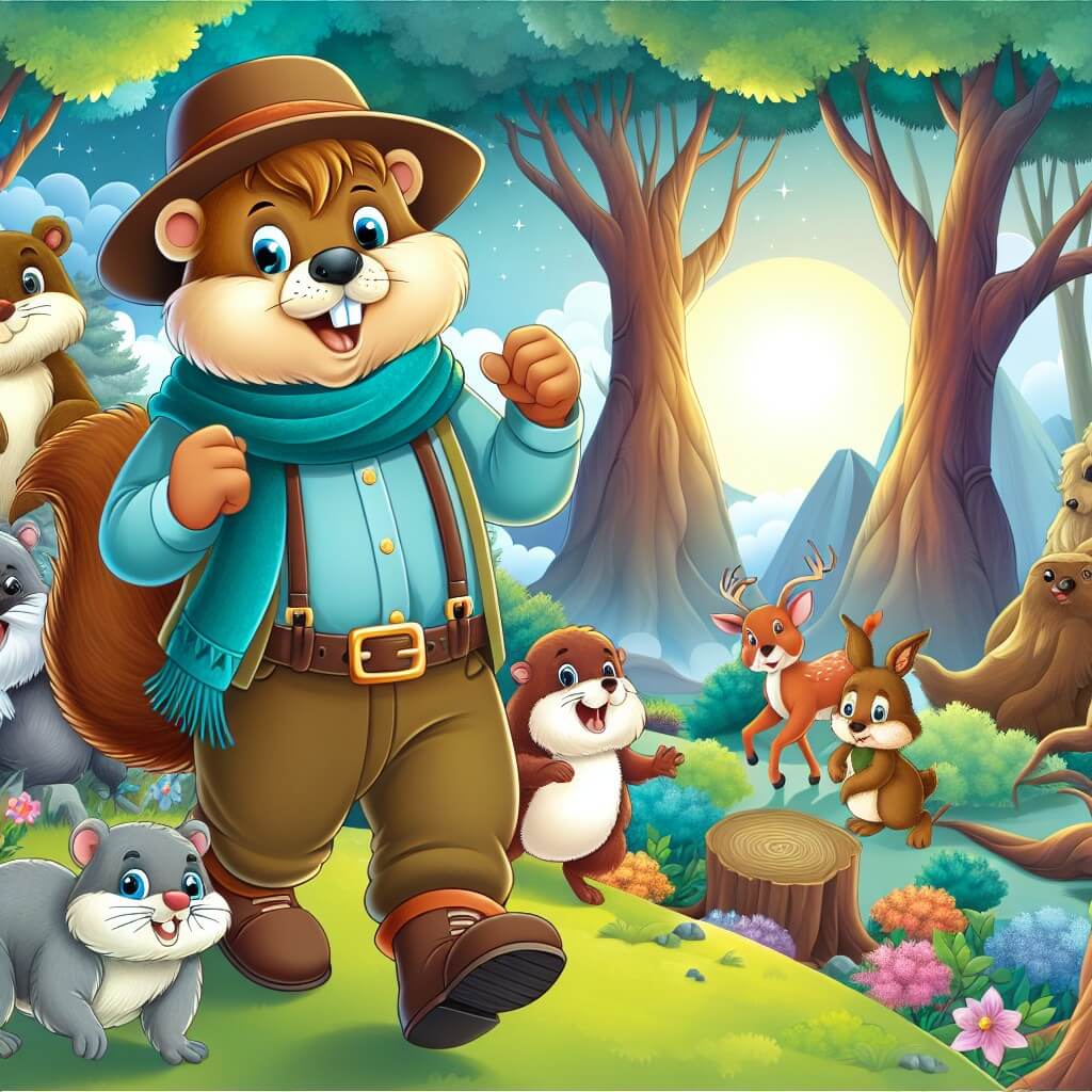 Une illustration destinée aux enfants représentant une marmotte intrépide, en quête d'aventure, accompagnée d'une joyeuse troupe d'animaux, dans un magnifique et mystérieux bosquet enchanté.