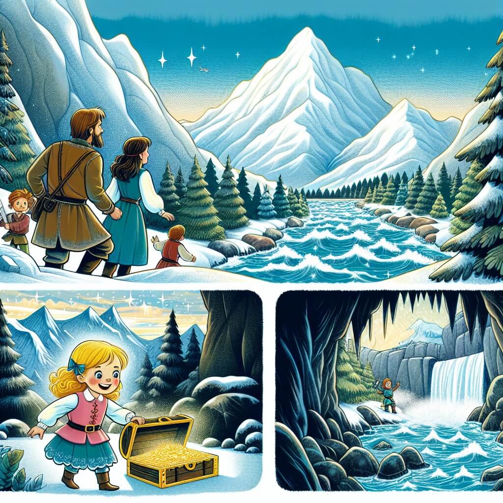 Une illustration destinée aux enfants représentant une petite fille intrépide, accompagnée de ses parents, découvrant un mystérieux trésor caché au sommet d'une montagne enneigée appelée la Montagne de los Sueños, avec des paysages majestueux, des rivières tumultueuses, des acantilados escarpés et des grottes sombres.