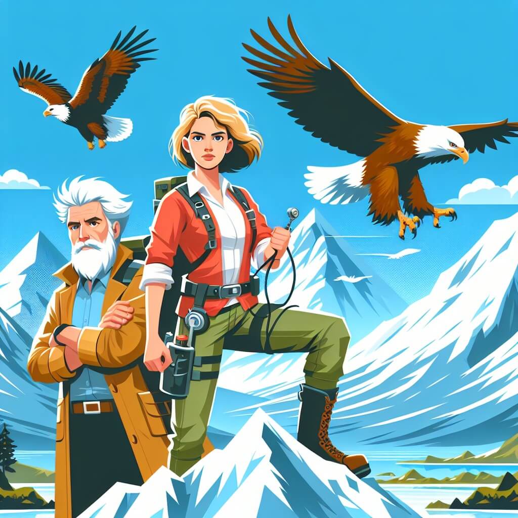 Une illustration destinée aux enfants représentant une audacieuse aventurière, se tenant au sommet d'une montagne enneigée, accompagnée d'un sage scientifique, dans un paysage majestueux où les aigles planent dans le ciel azur.