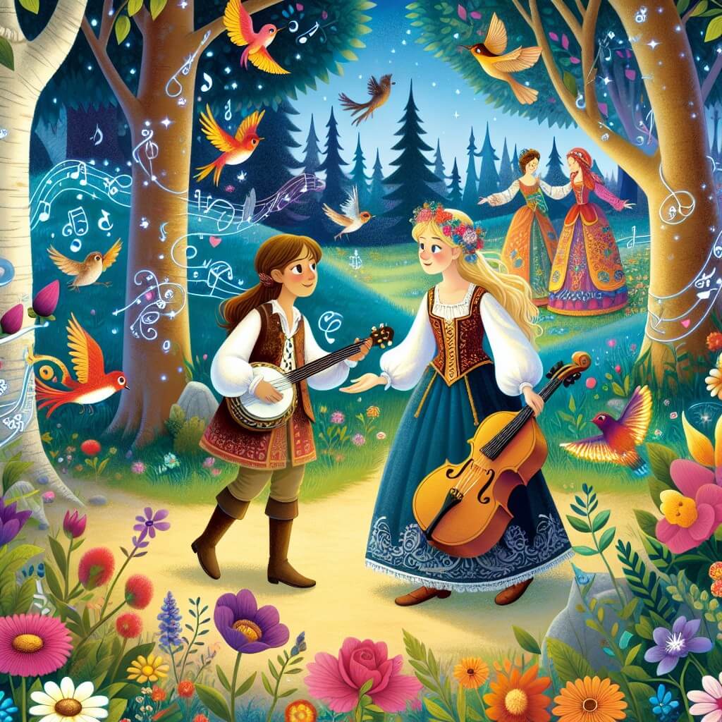 Une illustration destinée aux enfants représentant une jeune femme passionnée par la musique, qui rencontre une musicienne talentueuse dans un parc enchanté rempli de fleurs colorées, d'oiseaux chantants et d'arbres aux feuilles brillantes, où elles commencent leur aventure musicale ensemble.