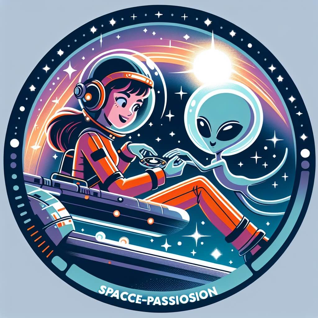 Une illustration destinée aux enfants représentant une jeune femme intrépide et passionnée par l'espace, embarquée dans une aventure cosmique aux côtés d'un sympathique extraterrestre, dans une station spatiale futuriste flottant au milieu des étoiles scintillantes.