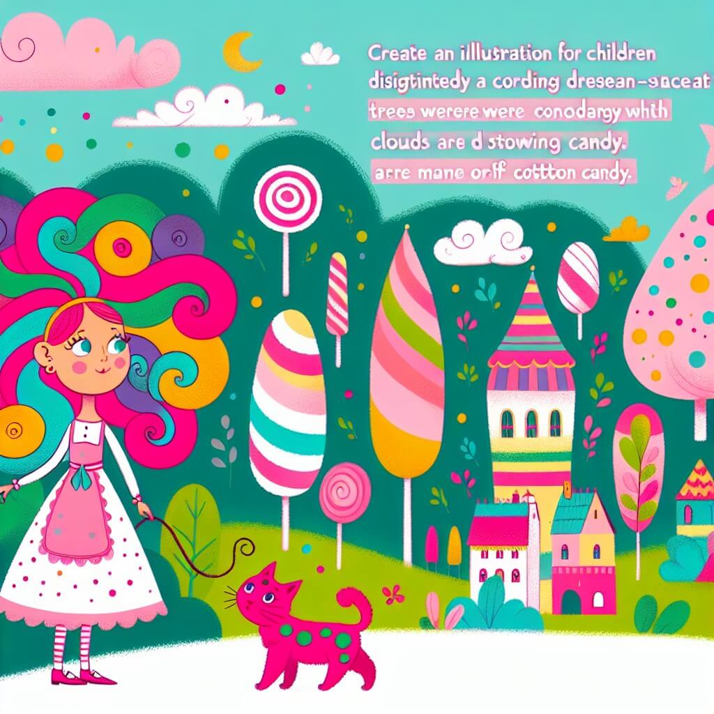Une illustration destinée aux enfants représentant une petite fille aux cheveux en forme de tire-bouchon, qui se retrouve coincée dans un monde où les arbres sont des bonbons géants et les nuages sont faits de barbe à papa, accompagnée d'un chat rose à pois verts, dans un village coloré appelé Sucrerie-sur-Mer.