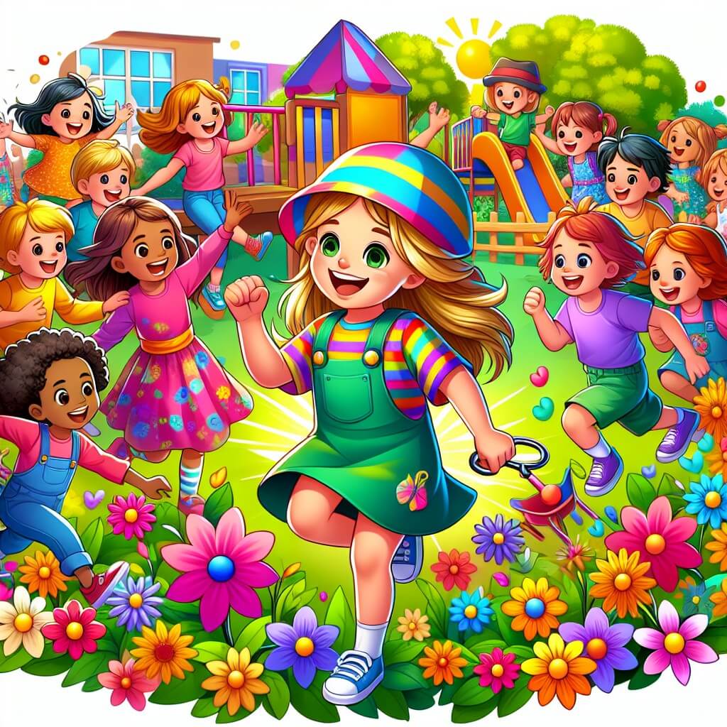 Une illustration destinée aux enfants représentant une petite fille pleine de vie, entourée de ses amis, dans un parc rempli de fleurs colorées et de jeux amusants, où ils partent à la recherche d'un trésor perdu.