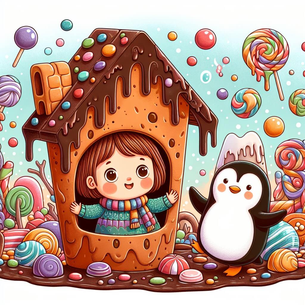Une illustration destinée aux enfants représentant une petite fille aux cheveux en forme de pommes de terre, se retrouvant coincée dans une maison en chocolat fondant avec pour compagnon un pingouin jongleur, dans un paysage enchanté parsemé de bonbons et de confiseries multicolores.
