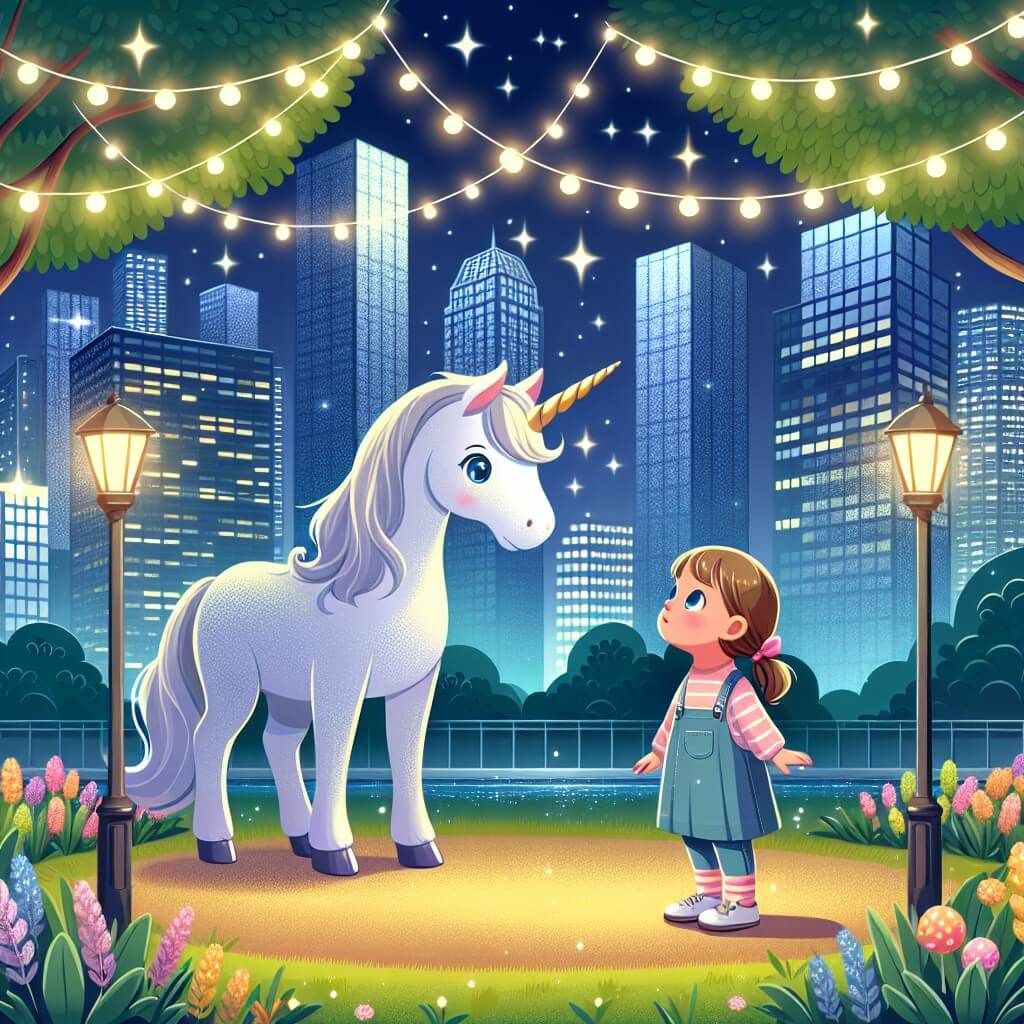 Une illustration destinée aux enfants représentant une petite fille curieuse, se retrouvant face à un magnifique unicornio dans un parc urbain baigné de lumières scintillantes.