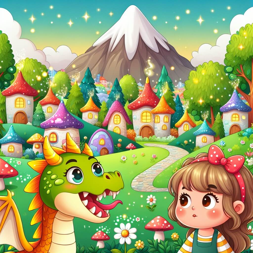Une illustration destinée aux enfants représentant une petite fille pleine de curiosité, se retrouvant nez à nez avec un dragon farceur dans un village coloré situé au pied d'une montagne enchantée, entouré de maisons en forme de champignons et d'arbres aux feuilles scintillantes.
