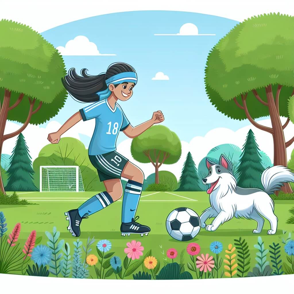 Une illustration destinée aux enfants représentant une joueuse de football talentueuse, accompagnée de son chien fidèle, s'entraînant avec passion dans un magnifique parc verdoyant entouré de grands arbres et de fleurs colorées.