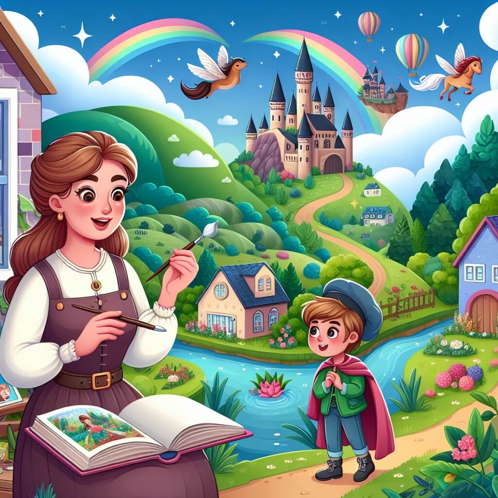 Une illustration destinée aux enfants représentant une artiste talentueuse, vivant dans un petit village entouré de collines verdoyantes, qui découvre un livre magique et rencontre un jeune garçon curieux, et ensemble, ils embarquent dans des aventures magiques à travers des paysages colorés et un jardin luxuriant.