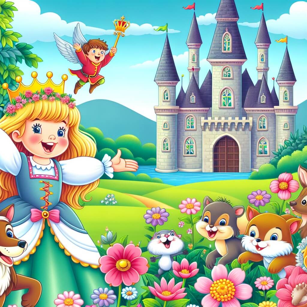 Une illustration destinée aux enfants représentant une princesse joyeuse et espiègle, accompagnée de ses amis animaux, dans le magnifique jardin fleuri du château enchanté.