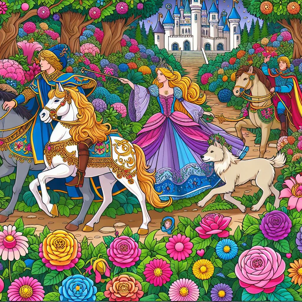 Une illustration destinée aux enfants représentant une princesse éblouissante, confrontée à une quête magique avec l'aide de ses fidèles amis, dans un somptueux jardin enchanté rempli de fleurs multicolores et d'arbres majestueux.