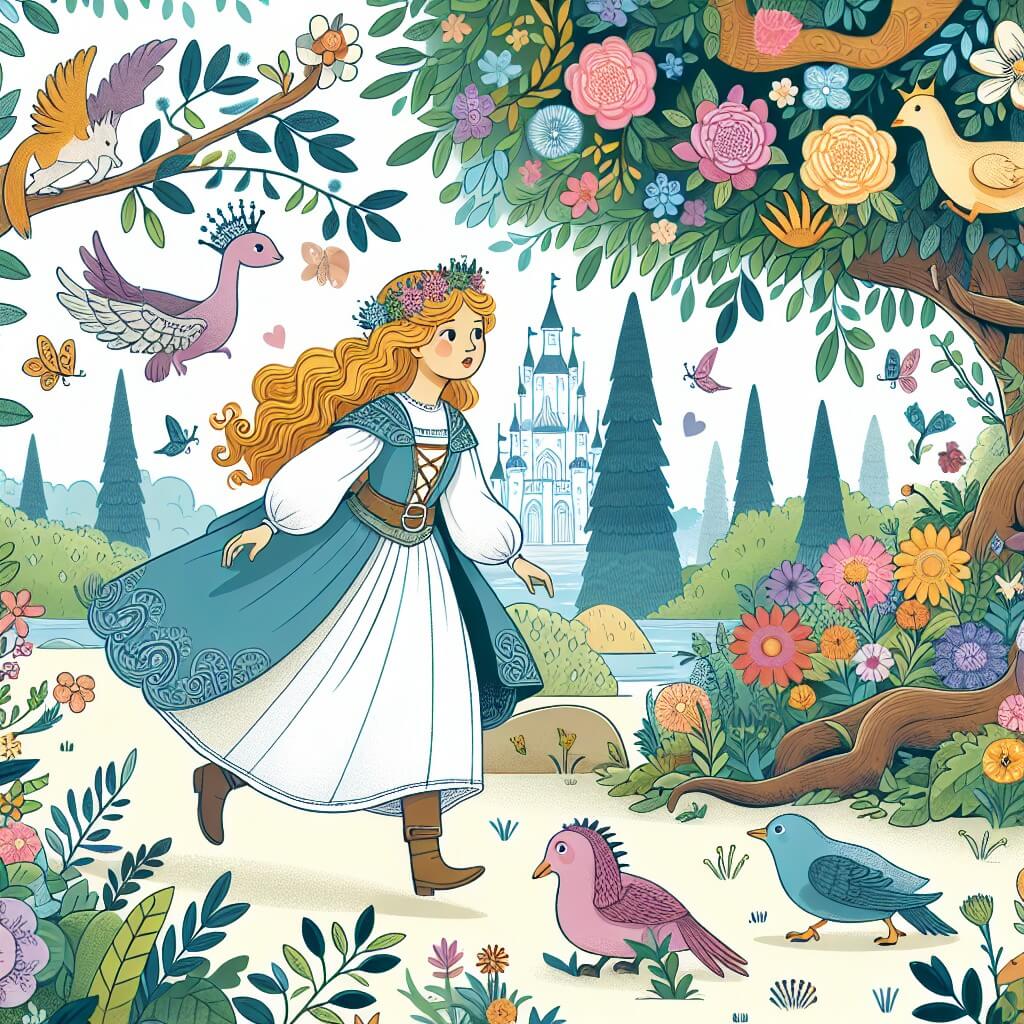 Une illustration destinée aux enfants représentant une princesse courageuse, entourée de créatures magiques, explorant un jardin enchanté rempli de fleurs colorées et d'arbres majestueux.