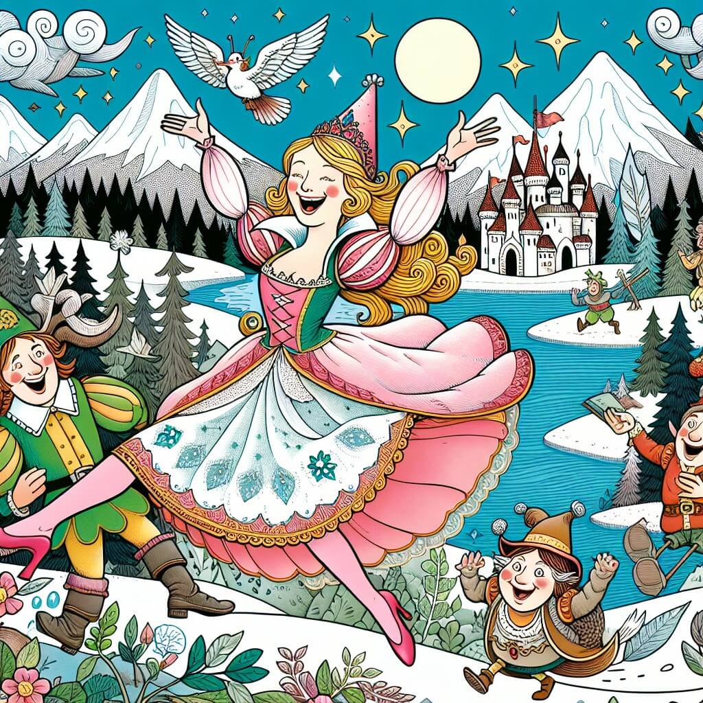 Une illustration destinée aux enfants représentant une princesse joyeuse et espiègle, se lançant dans une aventure hilarante avec ses amis magiques dans un royaume enchanté rempli de montagnes aux sommets enneigés, de forêts peuplées d'arbres souriants et de lacs aux eaux cristallines.