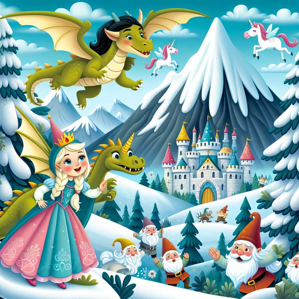 Une illustration destinée aux enfants représentant une princesse pleine d'aventure et de curiosité, accompagnée d'un dragon farceur, explorant une montagne mystérieuse aux sommets enneigés, où se cachent des licornes rieuses et des duendes espiègles.