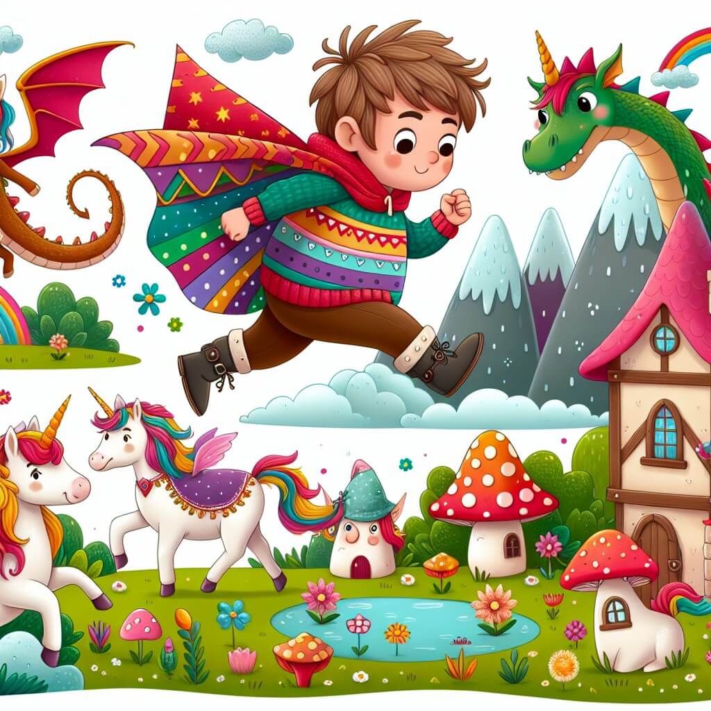 Une illustration destinée aux enfants représentant un petit garçon aux cheveux en bataille, vêtu d'une cape multicolore, en train de se faufiler à travers un village enchanteur peuplé de licornes dansants, de lutins farceurs et de maisons en forme de champignons, tandis qu'un dragon espiègle observe la scène depuis les hauteurs d'une montagne scintillante.
