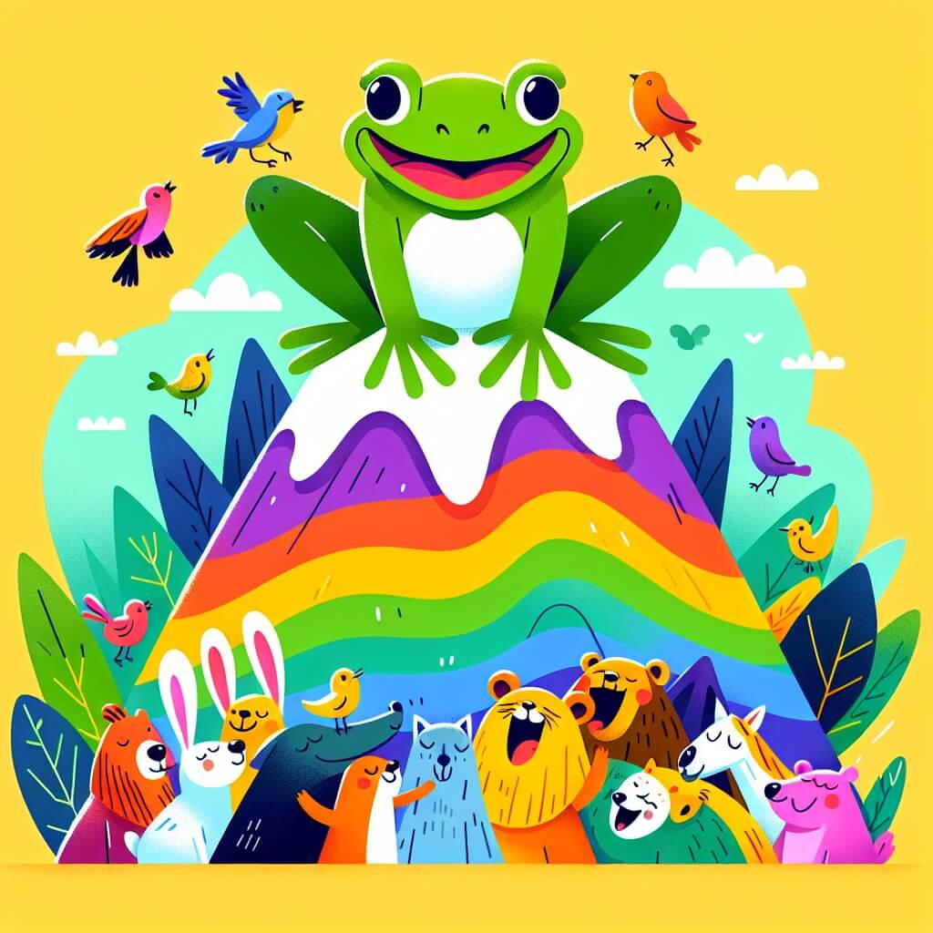 Une illustration destinée aux enfants représentant une grenouille intrépide se trouvant au sommet d'une montagne colorée et joyeuse, entourée d'animaux qui rient et s'amusent.