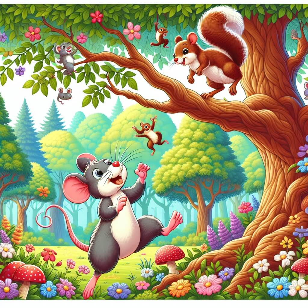 Une illustration destinée aux enfants représentant une petite souris intrépide et curieuse qui fait des acrobaties hilarantes avec un écureuil farceur dans une forêt enchantée remplie de fleurs colorées, arbres majestueux et petits animaux joueurs.