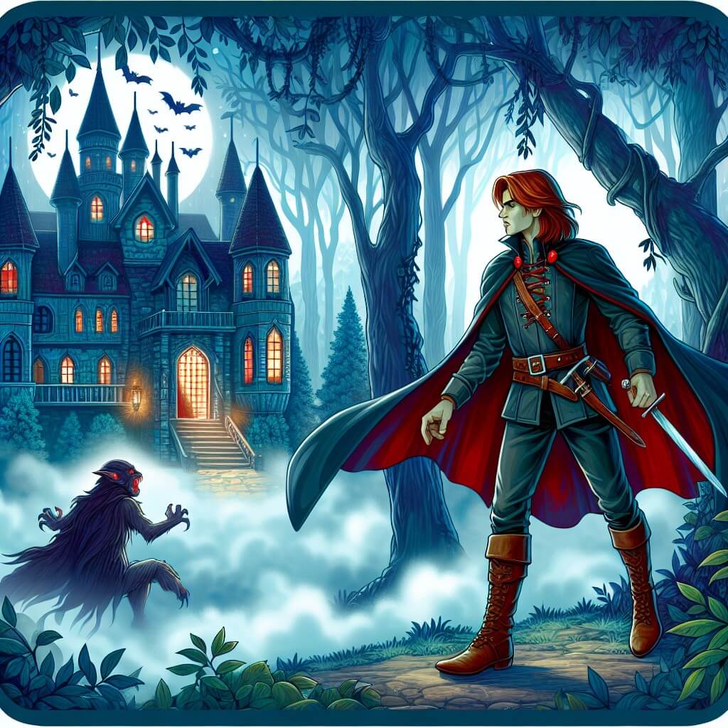 Une illustration destinée aux enfants représentant un vampire solitaire, cherchant la rédemption, rencontrant une chasseuse de créatures magiques courageuse, dans un sombre et mystérieux château entouré de brumes épaisses, au cœur d'un bois enchanté.