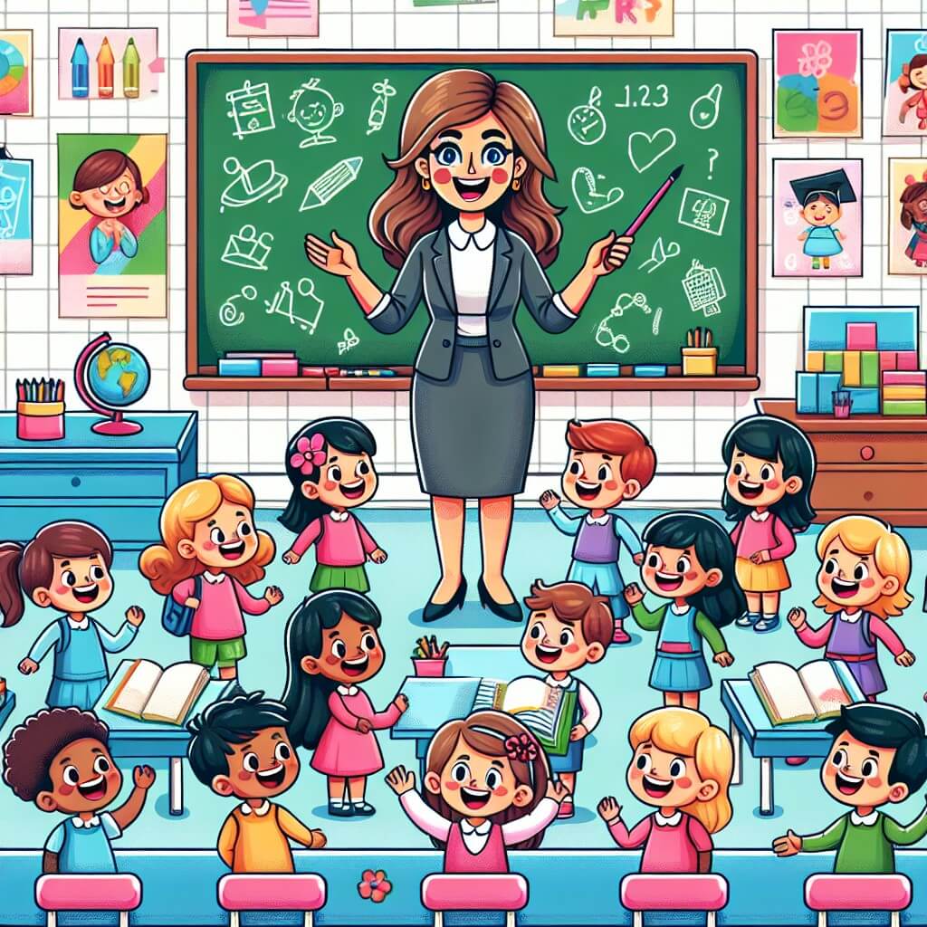 Une illustration destinée aux enfants représentant une institutrice pleine de vie, entourée de ses élèves curieux, dans une salle de classe colorée remplie de dessins, affiches et une grande pizarra.