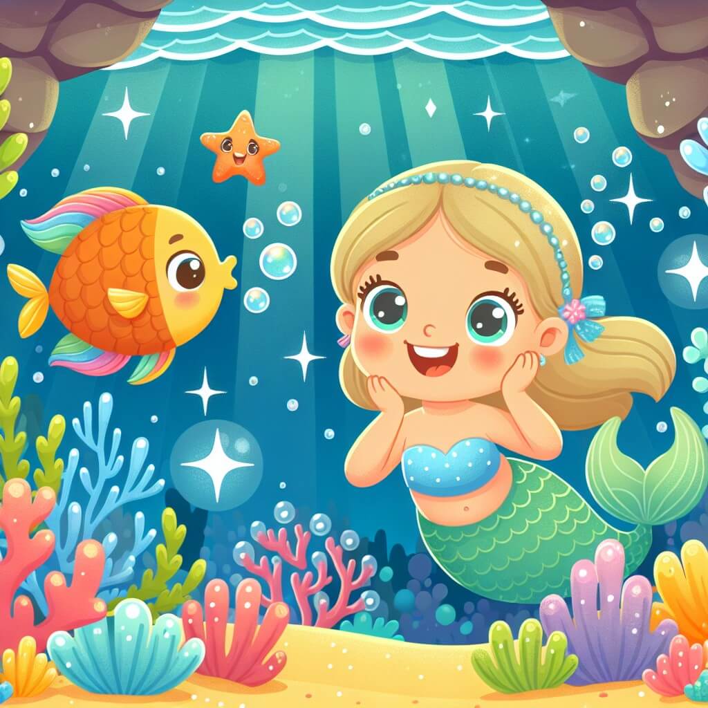 Une illustration destinée aux enfants représentant une sirène joyeuse dans un océan étincelant, accompagnée d'un poisson espiègle, qui découvre un trésor caché au fond d'une grotte sous-marine remplie de coraux colorés et d'étoiles de mer brillantes.