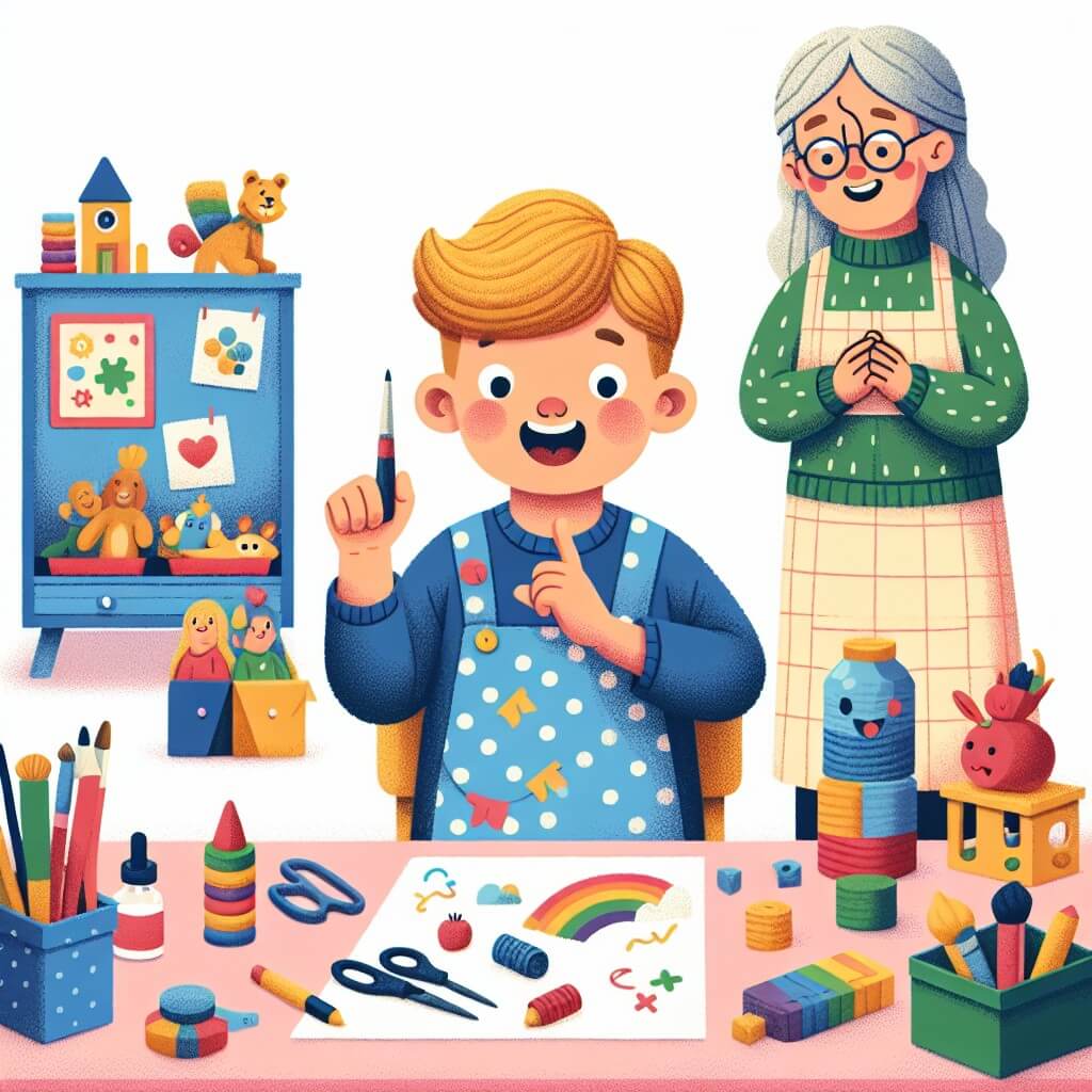 Une illustration destinée aux enfants représentant un petit garçon créatif et espiègle qui prépare une surprise pour sa maman, avec l'aide de son meilleur ami, dans sa chambre remplie de jouets colorés et de bricolages.