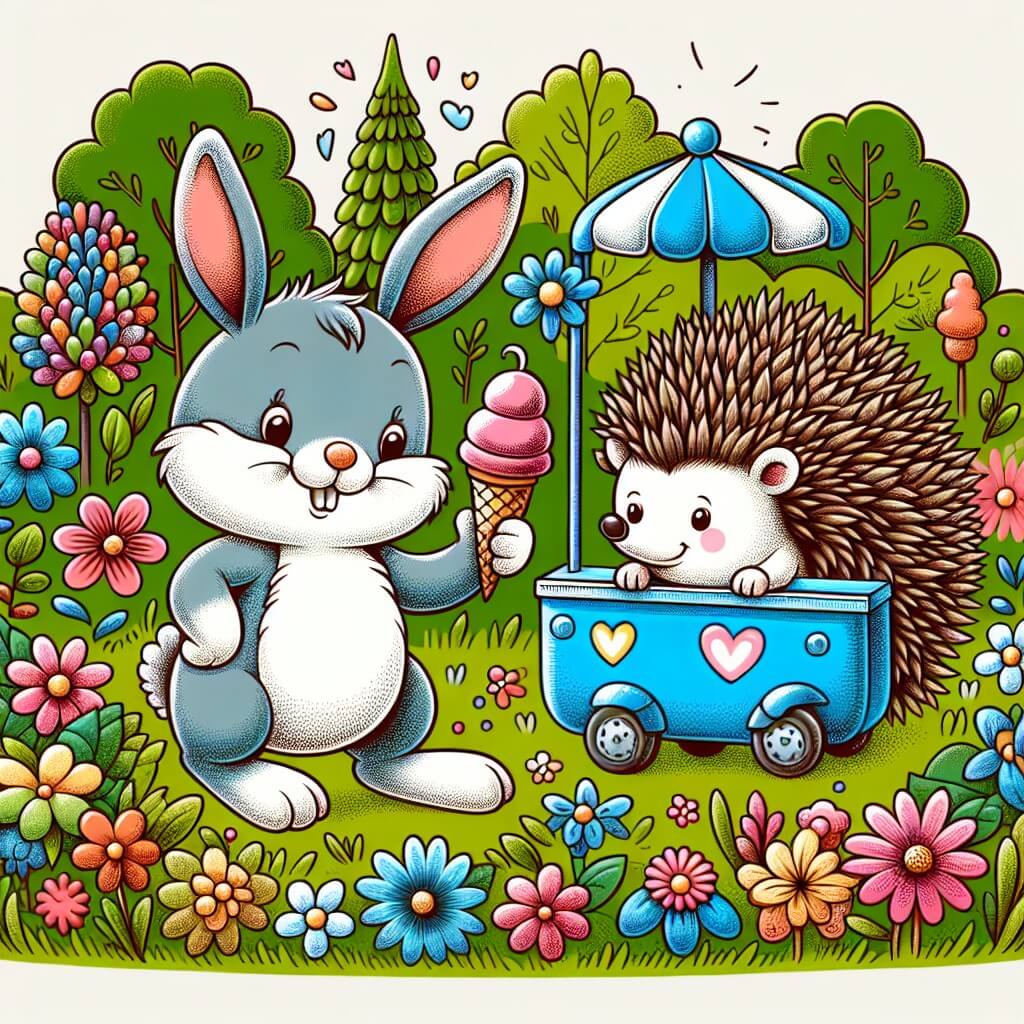 Une illustration destinée aux enfants représentant un lapin espiègle et curieux, accompagné d'un hérisson joyeux, dans un prado verdoyant parsemé de fleurs colorées et d'une petite heladería ambulante attirante.