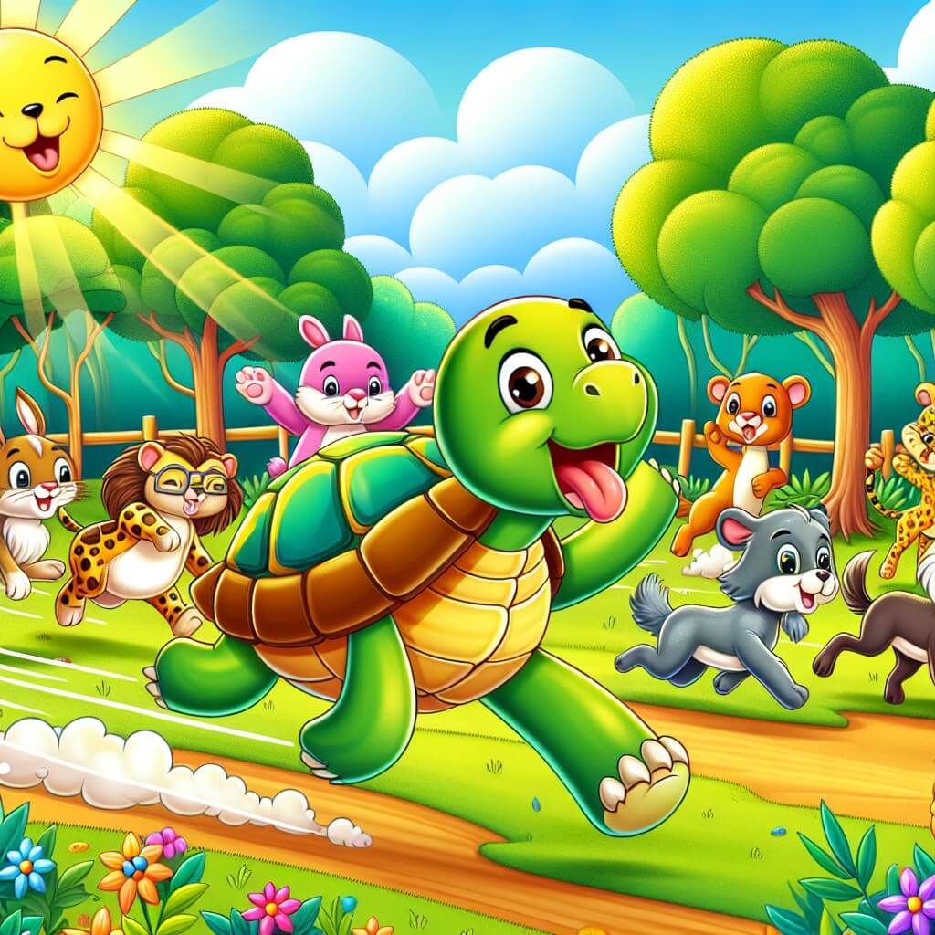 Une illustration destinée aux enfants représentant une tortue joyeuse et colorée, se trouvant au milieu d'une course folle avec des animaux hilarants, dans un magnifique clairière ensoleillée et verdoyante d'une forêt enchantée.
